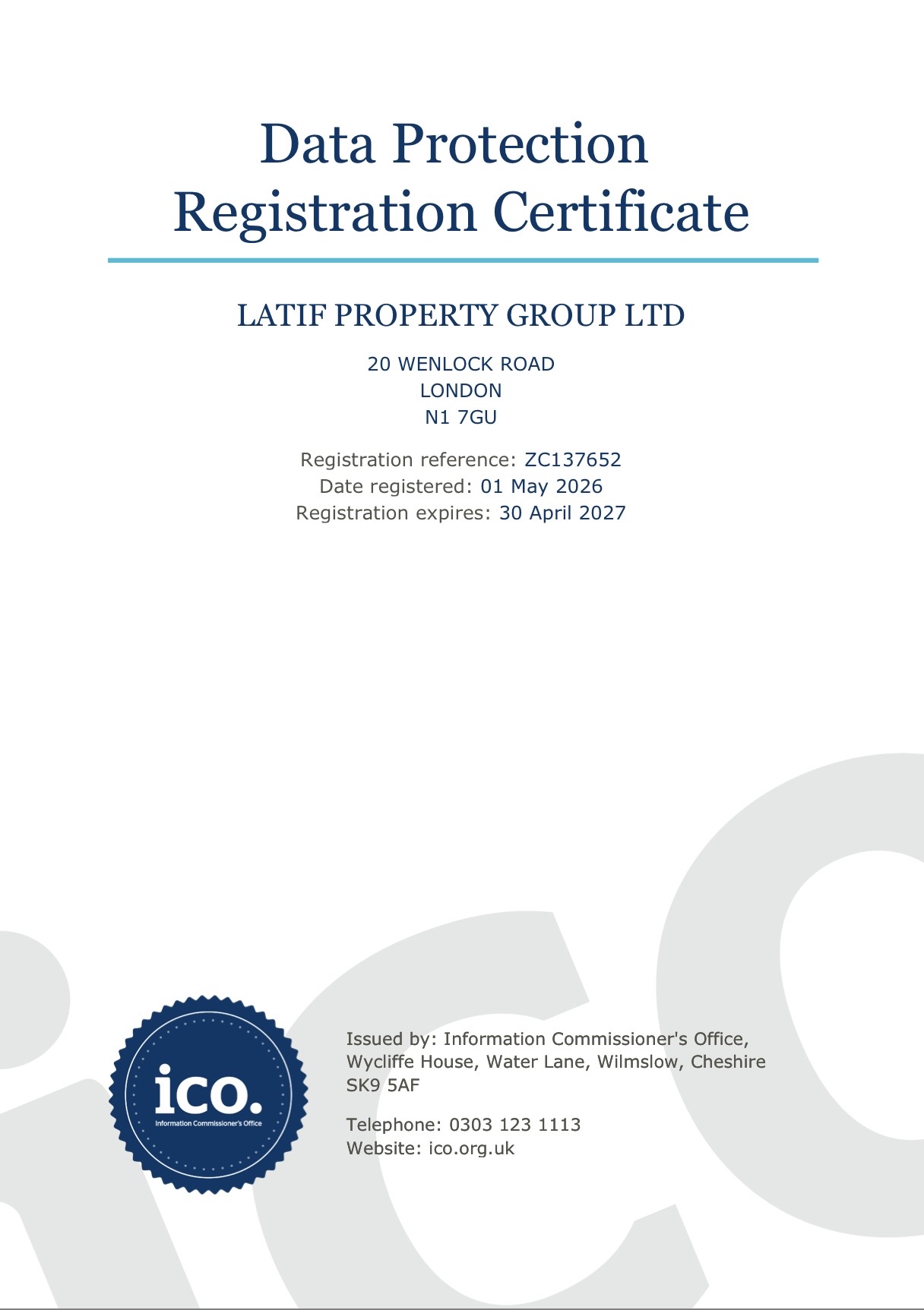 ICO Data Protection registration certificate